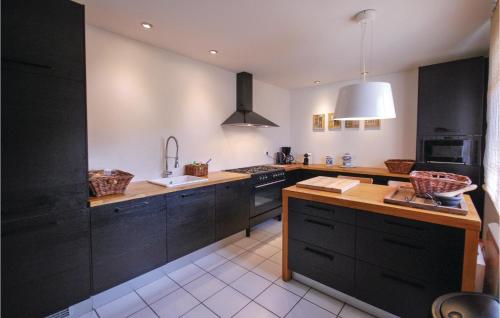 une grande cuisine avec des placards noirs et un évier dans l'établissement 4 Bedroom Awesome Home In Le Val, à Le Val