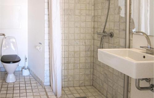 a bathroom with a shower with a sink and a toilet at Cozy Apartment In Gudhjem With Wifi in Gudhjem