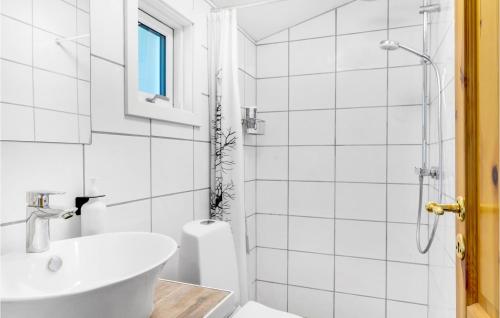 een witte badkamer met een wastafel en een douche bij Beautiful Home In Jgerspris With Kitchen in Jægerspris