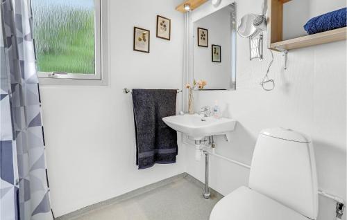 Baño blanco con aseo y lavamanos en Mlleparken en Gudhjem