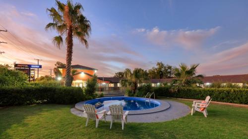 a backyard with a pool with chairs and a palm tree at Country Leisure Motor Inn in Dubbo