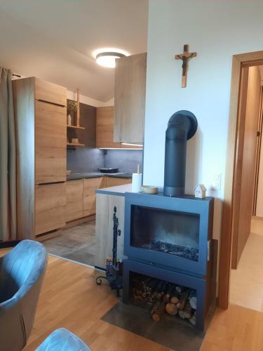 a living room with a blue stove in a kitchen at Apartment - Golden Fox 18 - Pohorske terase in Pohorje