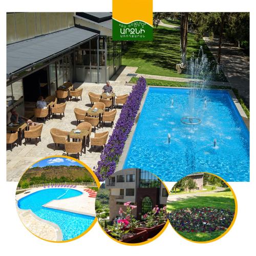 a collage of three pictures of a pool with a fountain at Arzni Health Resort in Arzni