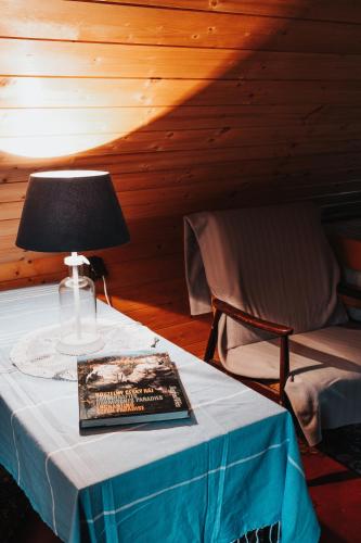 a table with a lamp and a chair in a room at Chaloupka pod skalou in Libošovice
