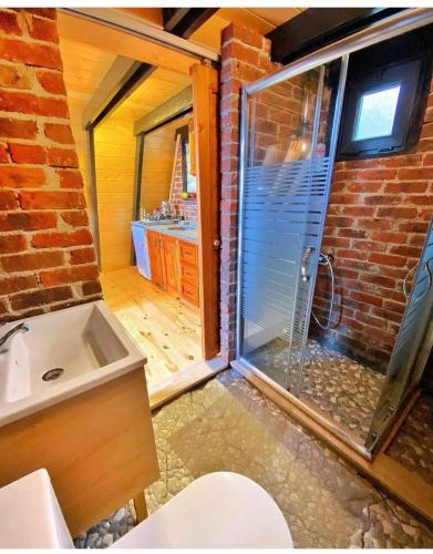 a bathroom with a shower and a toilet and a window at Bungalow with Heated Private Pool in Sapanca in Sakarya