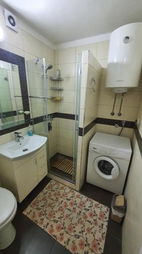 a bathroom with a shower and a washing machine at Apartman Jogi in Vračar (historical)