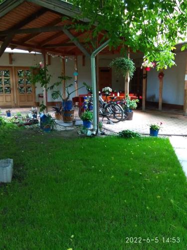 a yard with a group of bikes parked under a pergola at Guesthouse Kohári in Egerszalók