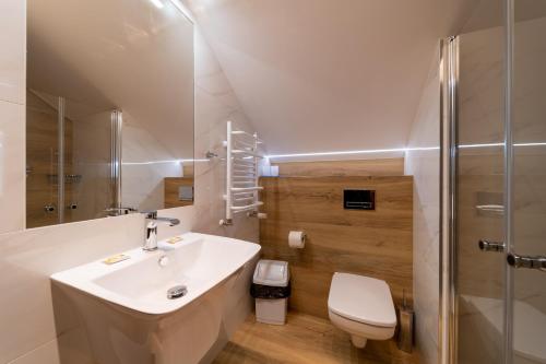 La salle de bains est pourvue d'un lavabo, de toilettes et d'une douche. dans l'établissement Rezydencja PATRIA, à Karpacz