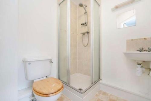 ein Bad mit einer Dusche, einem WC und einem Waschbecken in der Unterkunft Large 2 bedroom apartment, 4 beds one 1 en-suite, Free parking Nr Chelt Elmore and Quays in Gloucester