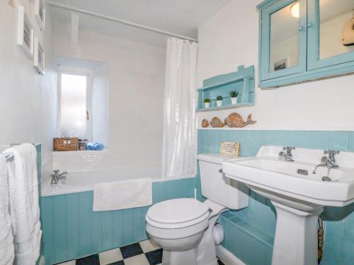 a blue and white bathroom with a toilet and a sink at Gwynn Cottage in Bodmin