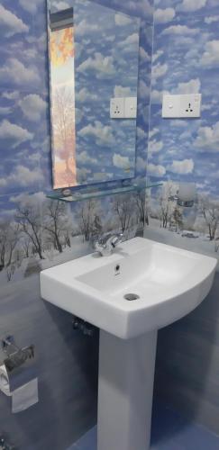 uma casa de banho com um lavatório branco e um espelho. em Butterfly Homestead Hotel em Udawalawe