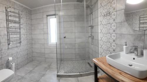 a bathroom with a shower and a sink and a toilet at White House in Slavske