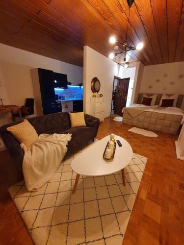 ein Wohnzimmer mit einem Sofa und einem Tisch in der Unterkunft Ferienwohnung Christina in Bad Neuenahr-Ahrweiler