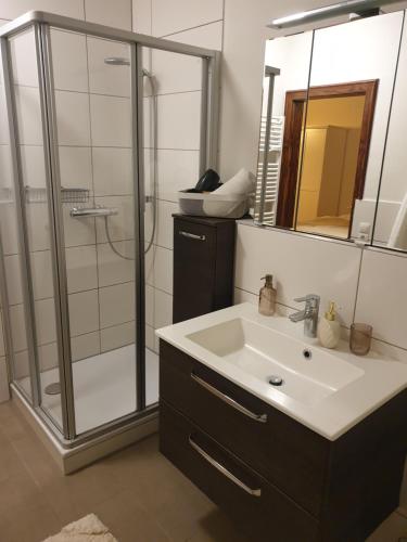 a bathroom with a sink and a shower at Ferienwohnung Christina in Bad Neuenahr-Ahrweiler
