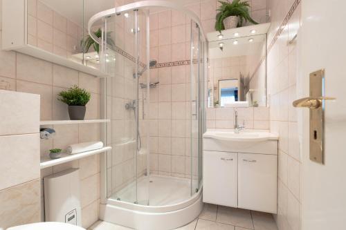 bagno con doccia e lavandino di Baltic Wohnung 54 a Grömitz