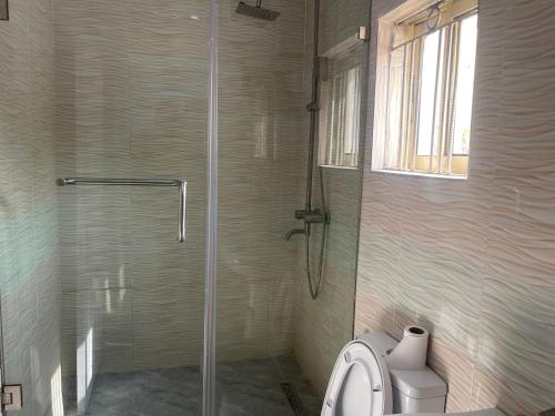 uma casa de banho com uma cabina de duche e um WC. em White Gold Hotel em Ikeja