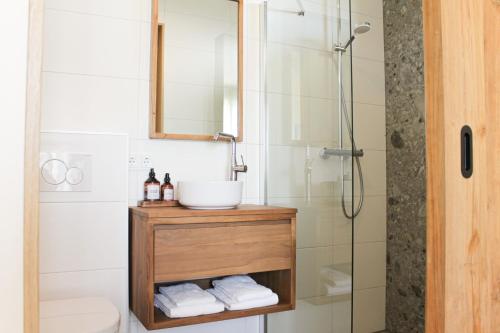 a bathroom with a sink and a shower at Slufterhoeve in De Cocksdorp