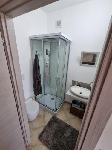 a bathroom with a shower and a toilet and a sink at Elisabeth House in Roletto
