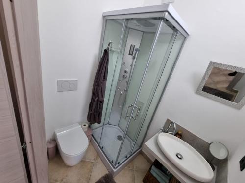 a bathroom with a shower and a toilet and a sink at Elisabeth House in Roletto