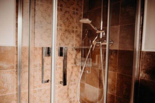 a shower with a glass door in a bathroom at Azienda Agricola Saint Hubert in Cantalupo Ligure