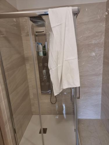 a towel hanging on a towel rack in a shower at B&B Azzurro in Padula