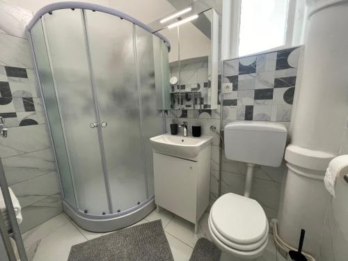 e bagno con doccia, servizi igienici e lavandino. di At Home - City Center Zagreb a Zagabria