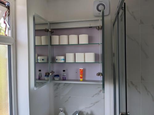 a glass shower door with shelves in a bathroom at 32 in Ashford