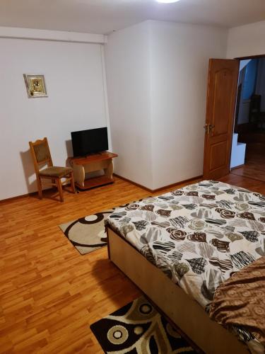 a bedroom with a bed and a tv in it at Pensiunea Dumbrăvița in Dumbrava