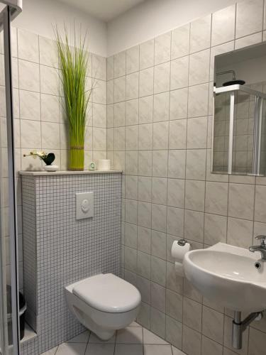 uma casa de banho com um WC e um lavatório em Pension-Geli em Monplaisir