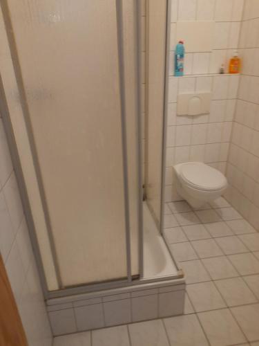 La salle de bains est pourvue d'une douche et de toilettes. dans l'établissement Schöne Wohnung für Monteure und sonstige Reisende, à Zwickau