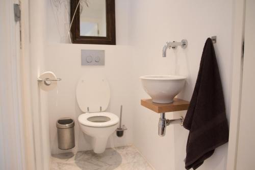 a bathroom with a toilet and a sink at Canal House in Historic City Center Gouda in Gouda