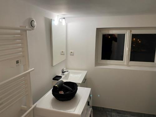 une salle de bain blanche avec un lavabo et un miroir dans l'établissement Proximité Biarritz - Arcangues, à Arcangues