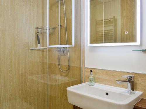a bathroom with a shower and a sink and a mirror at Little Cottage in Wigtown