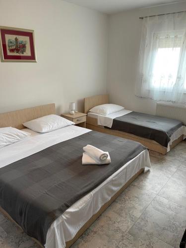 a bedroom with two beds and a window at Villa Magnolia in Privlaka