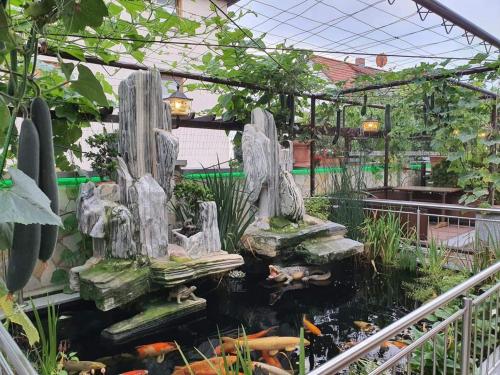 einen Garten mit einem Teich im Gewächshaus in der Unterkunft Chau-Asiatisches-Restaurant und Pension in Rüdersdorf bei Berlin