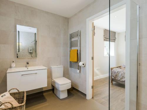 a bathroom with a toilet and a sink and a mirror at Little Barn in Shirland