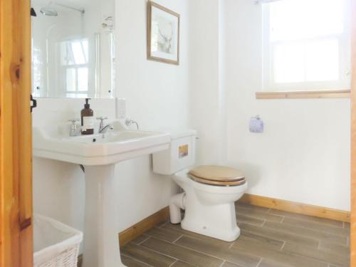 a white bathroom with a toilet and a sink at Farragon Cottage in Foss