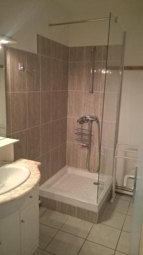 a bathroom with a shower with a tub and a sink at Studio proche CHU BORDEAUX in Bordeaux