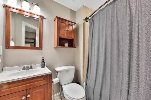 a bathroom with a toilet and a shower curtain at Spacious renovated 4br downtown home w firepit sleeps 8+ in St. Augustine