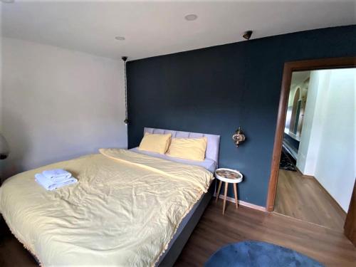 a bedroom with a large bed with a blue wall at Jazzy Homes - Modern & Stylish Flat - Bosphorus View, Terrace in Istanbul