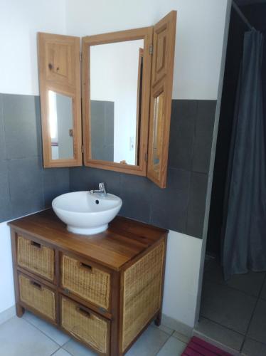 une salle de bain avec un lavabo et un miroir dans l'établissement Gîtes Mas de la Musardière, à Les Assions