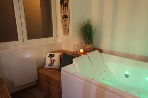 La salle de bains est pourvue d'une baignoire avec une plante. dans l'établissement Coin détente à Espaly, à Espaly-Saint-Marcel