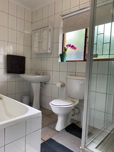 a white bathroom with a toilet and a sink at Rooikrans Cottage in Great Brak River