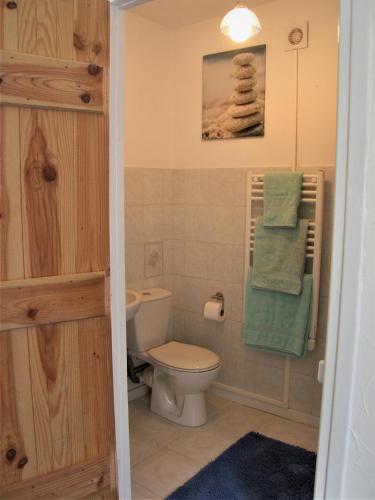 La salle de bains est pourvue de toilettes et d'une serviette. dans l'établissement Fontchauvaux Holiday Gites, à Saint-Julien-le-Petit