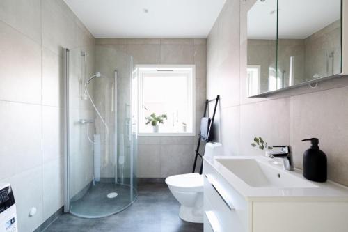 a bathroom with a shower and a toilet and a sink at Stora Frögården in Mörbylånga