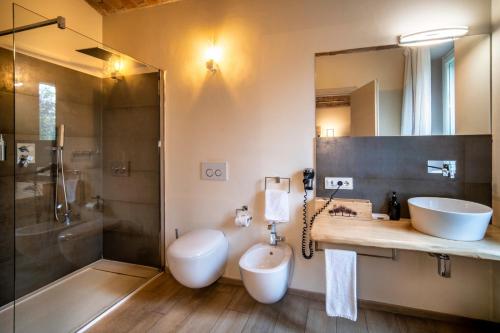 a bathroom with a sink and a toilet and a shower at Langhe Country House in Neive