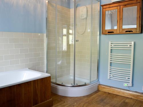 een badkamer met een douche, een toilet en een wastafel bij Maybill Cottage in Penmachno