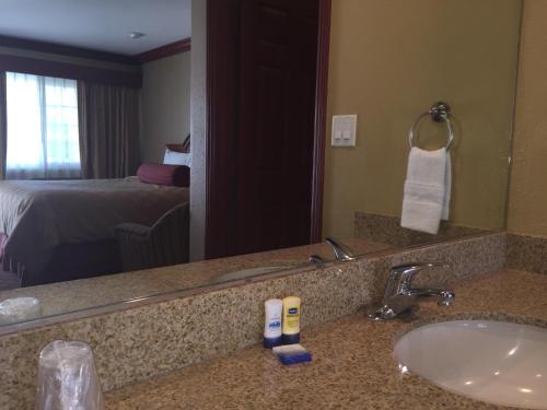 ein Badezimmer mit einem Waschbecken und einem Spiegel in der Unterkunft Thunderbird Lodge in Riverside
