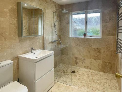 a bathroom with a shower and a sink and a toilet at Millbrook in Bere Regis