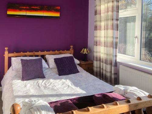 ein Schlafzimmer mit einem Bett mit lila Wänden und einem Fenster in der Unterkunft New House Farm Annexe in Neenton